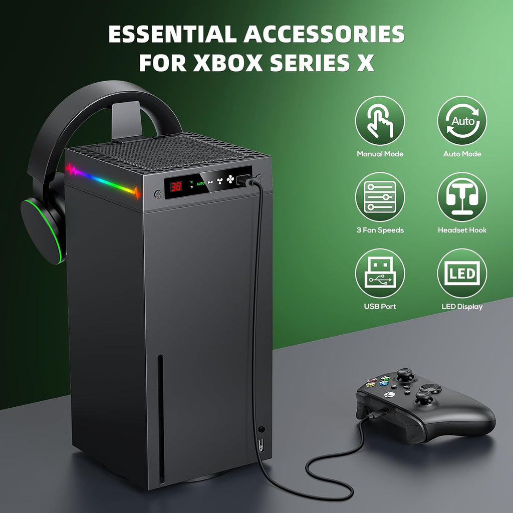 Auto Cooling Fan for Xbox Series X with LED Temperature Display & 9 RGB Lighting Modes, Smart Thermally-Adjustable Cooling System for Xbox Series X, Separate Cooler&Light Switch, Headset Hook,USB Port