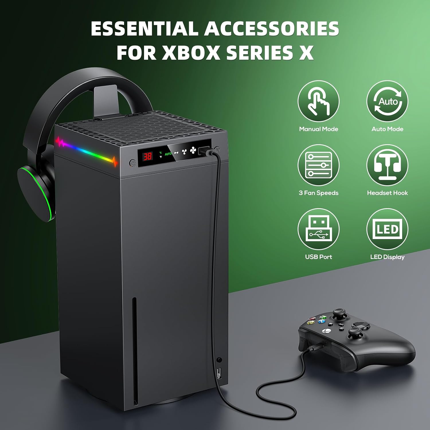 Auto Cooling Fan for Xbox Series X with LED Temperature Display & 9 RGB Lighting Modes, Smart Thermally-Adjustable Cooling System for Xbox Series X, Separate Cooler&Light Switch, Headset Hook,USB Port