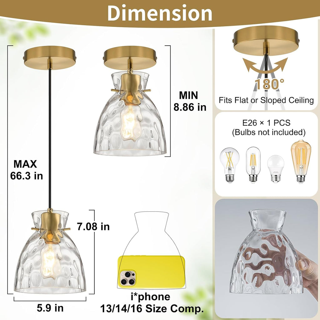 5.9" Mini Black Gold Pendant Lights Kitchen Island 2 Pack, Small Brushed Brass Hammered Glass Pendant Light Fixtures, Modern Hanging Lights Kitchen Pendant Lighting over Sink Bathroom Dining Room
