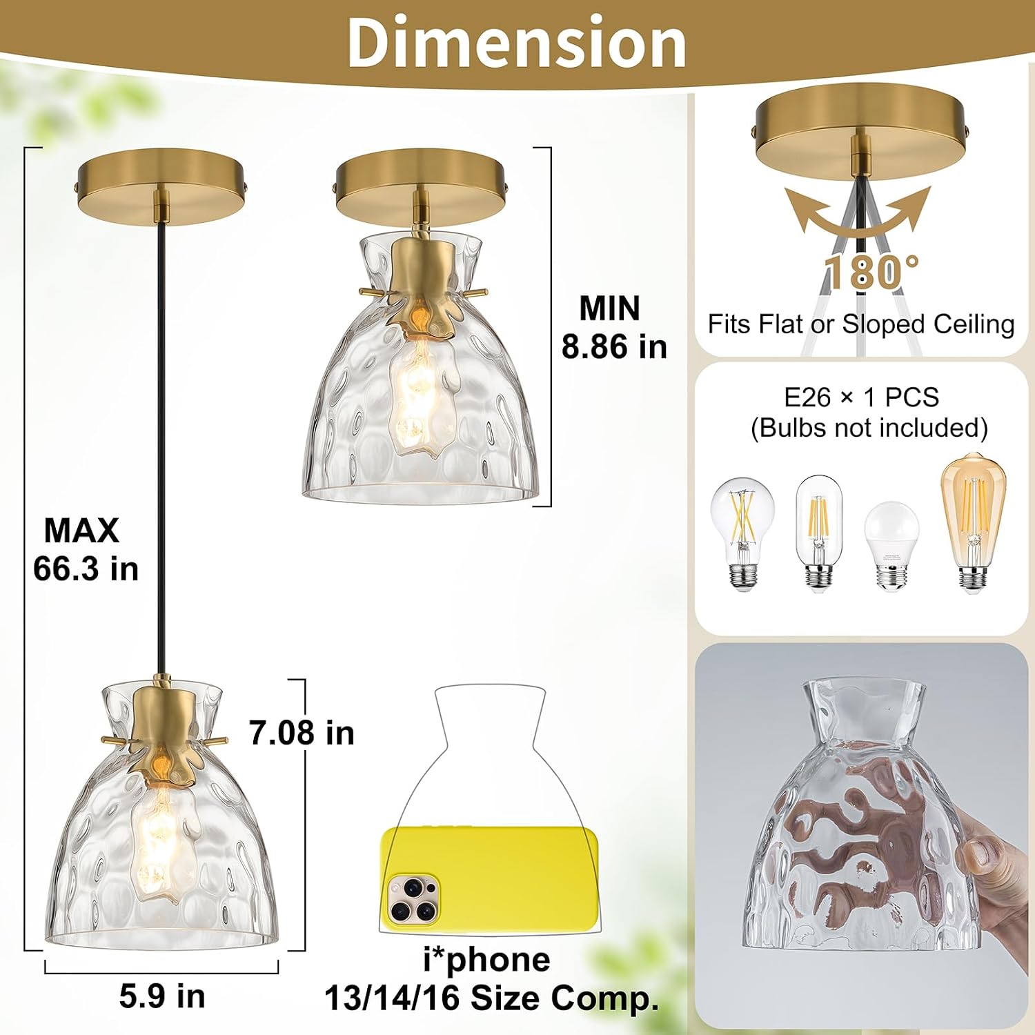 5.9" Mini Black Gold Pendant Lights Kitchen Island 2 Pack, Small Brushed Brass Hammered Glass Pendant Light Fixtures, Modern Hanging Lights Kitchen Pendant Lighting over Sink Bathroom Dining Room