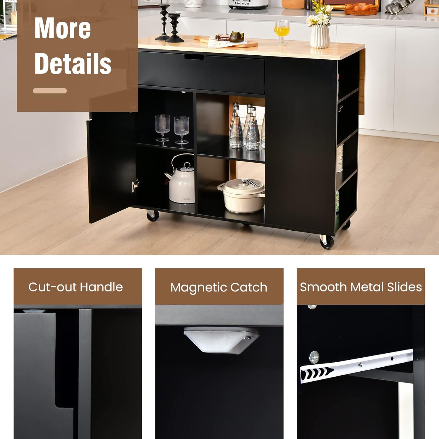 Giantex Kitchen Island Cart Drop-Leaf Countertop, Rubber Wood Breakfast Dining Table w/Large Drawer, Storage Shelves, 4-Tier Spice Rack, Rolling Serving Cart on 5 Wheels for Home Coffee Bar (Black)