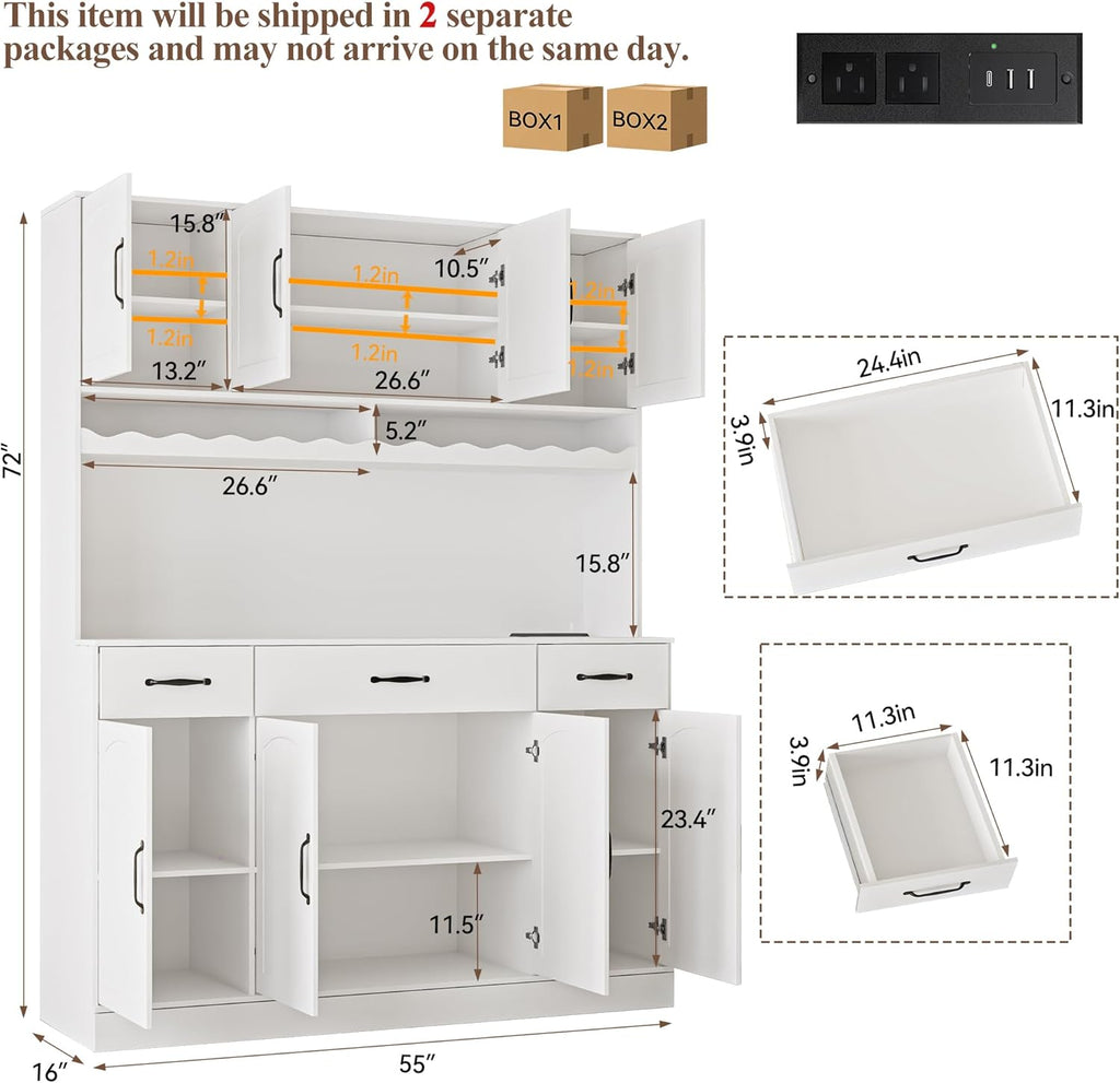 White 72" Tall Kitchen Pantry Cabinet with Charging Station 55" Wide Kitchen Hutch Cabinet with LED Light and Countertop Large Kitchen Cabinet with Adjustable Shelves and Wine Rack