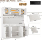 White 72" Tall Kitchen Pantry Cabinet with Charging Station 55" Wide Kitchen Hutch Cabinet with LED Light and Countertop Large Kitchen Cabinet with Adjustable Shelves and Wine Rack