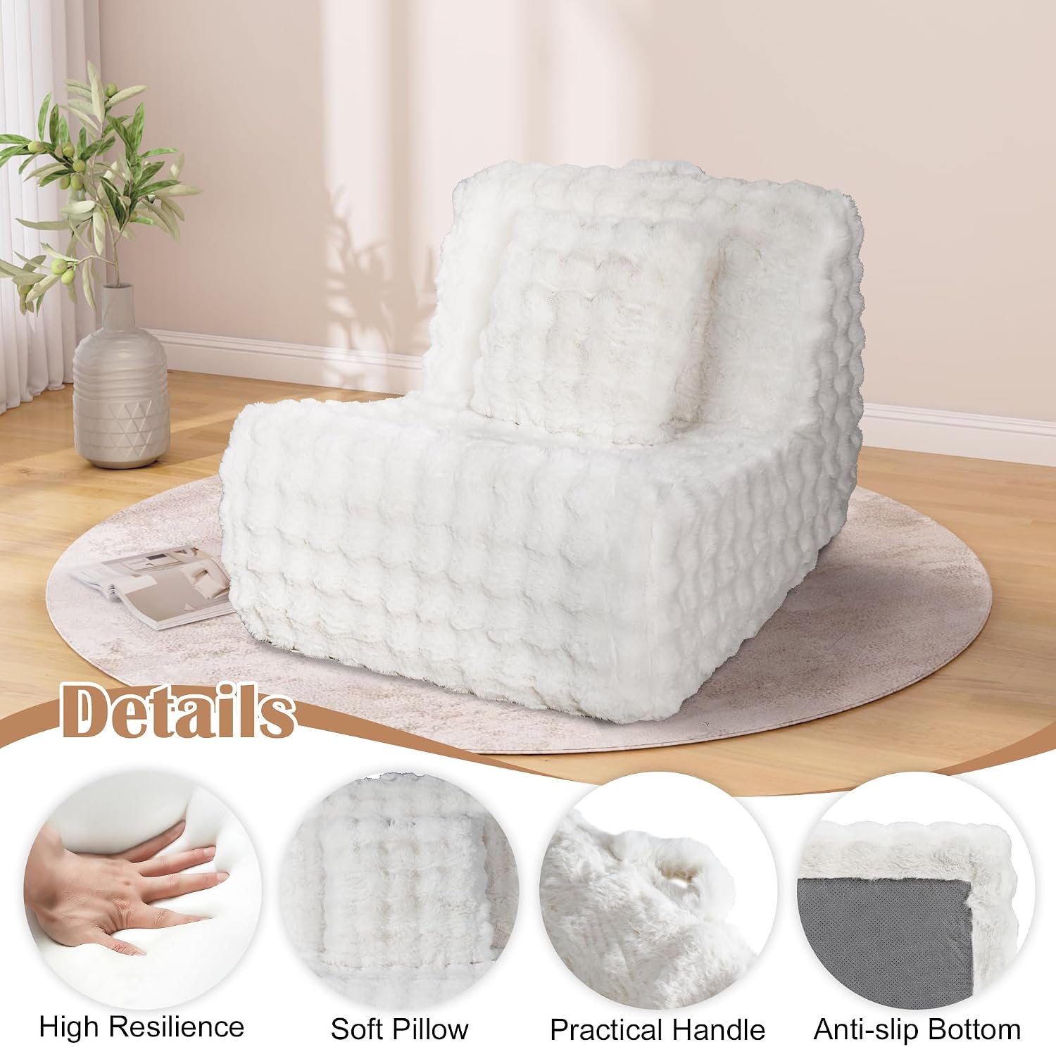 Bean Bag Chair for Adults, Giant Bean Bag Sofa with Soft Pillow, Comfy Faux Fur Fireside Beanbags with Handle for Living Room, Bedroom, Apartment, Bubble White