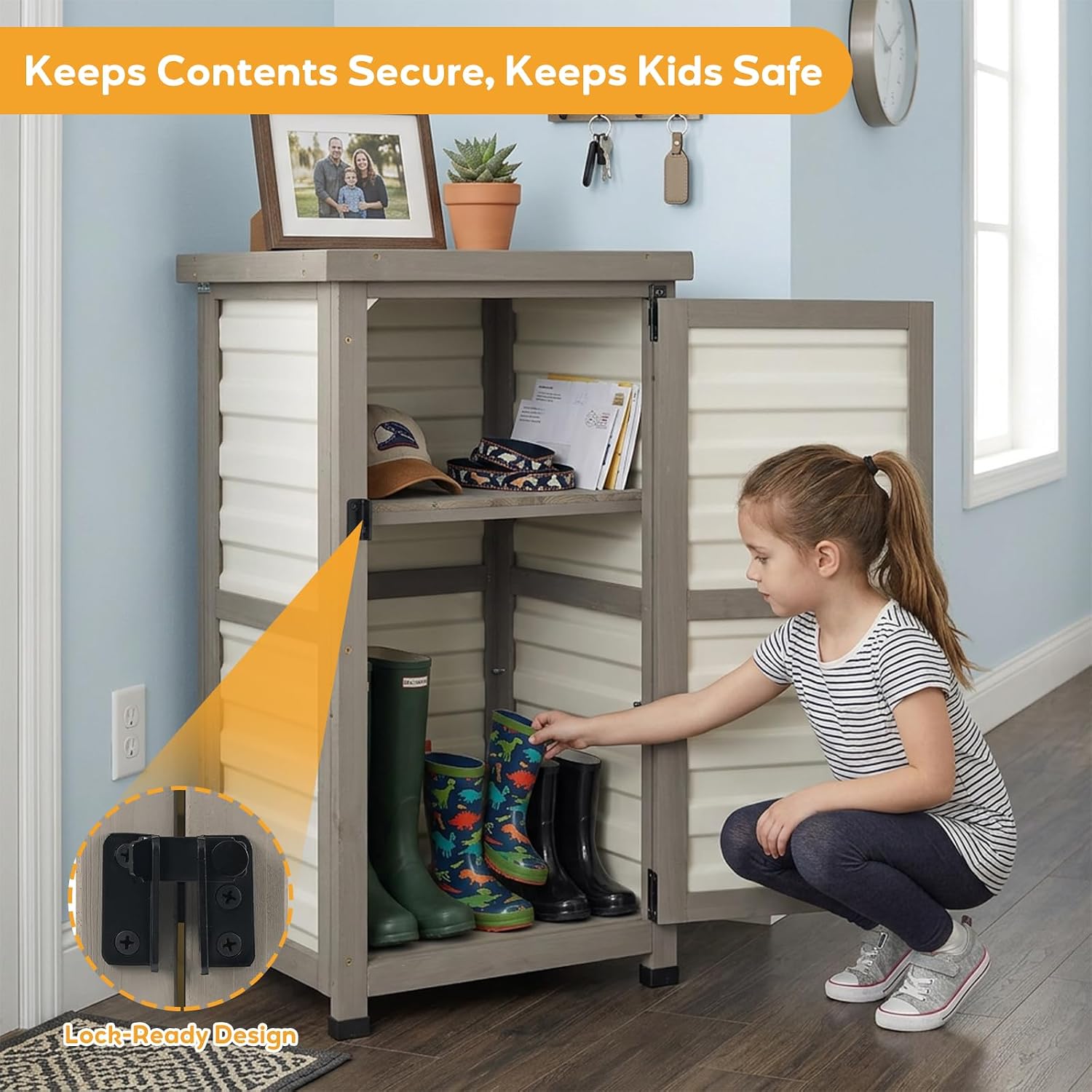 Outdoor Storage Cabinet with Metal Top, Wooden & Plastic Potting Bench & Tool Organizer, Adjustable Shelf for Patio Backyard Garden, Small Outdoor Cabinet for Tools