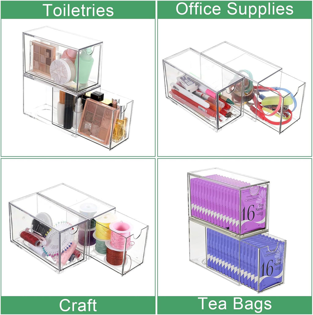 2 Pack Tea Bag Drawers Organizer - Clear Plastic Drawer Tea Bag Holder; Stackable & Portable, Wider Size, Well-Organized Storage for Tea Bags & Kitchen Essentials