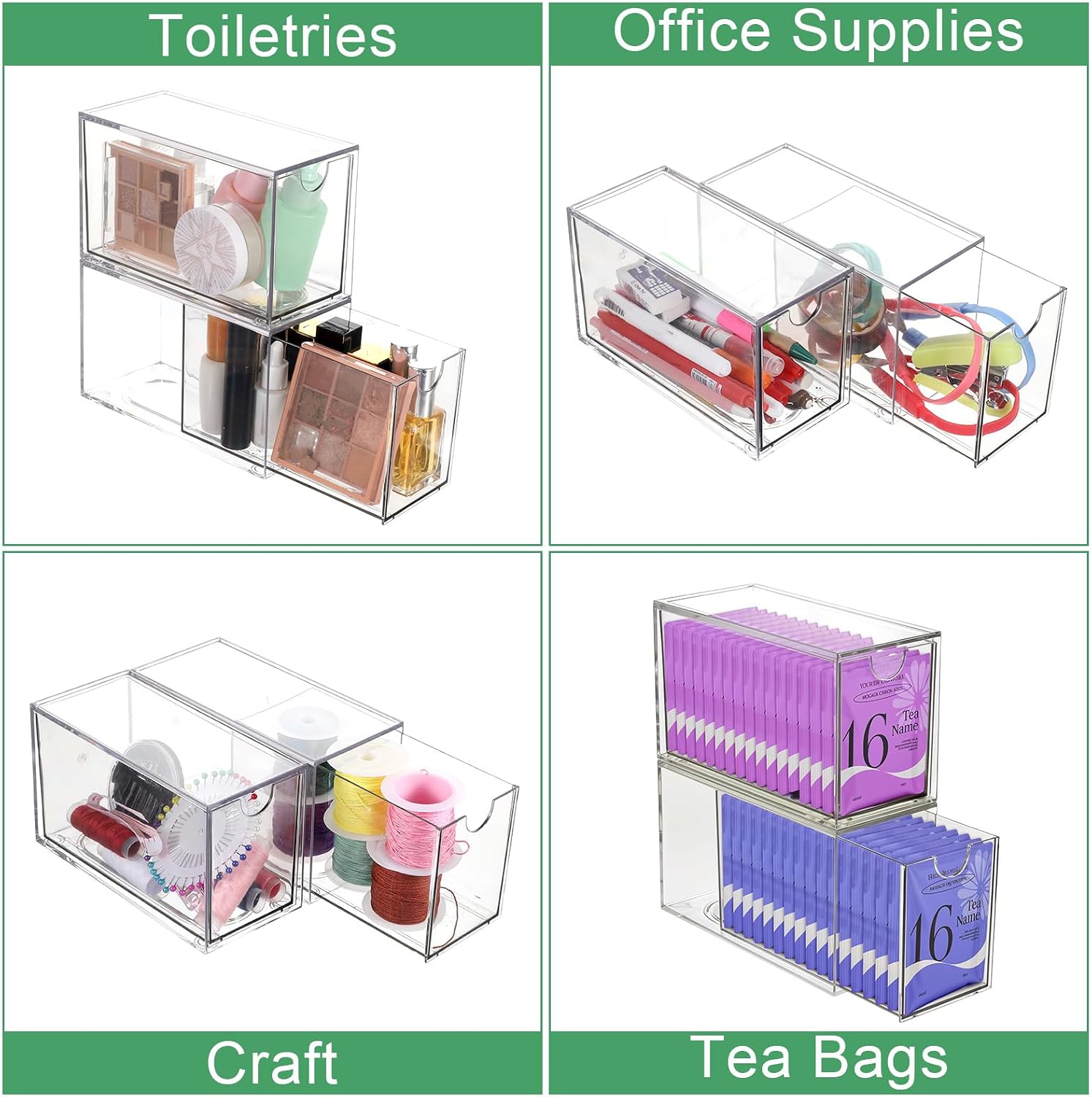 2 Pack Tea Bag Drawers Organizer - Clear Plastic Drawer Tea Bag Holder; Stackable & Portable, Wider Size, Well-Organized Storage for Tea Bags & Kitchen Essentials