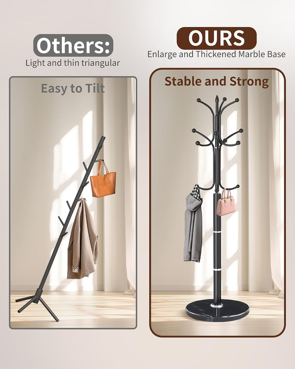 Snaikor Metal Coat Rack Freestanding, Sturdy Coat Rack Stand with Natural Marble Base, Modern Black Coat Racks Tree Hats Hanger Holder Stand for Entryway, Hallway, Office(12 Hooks)