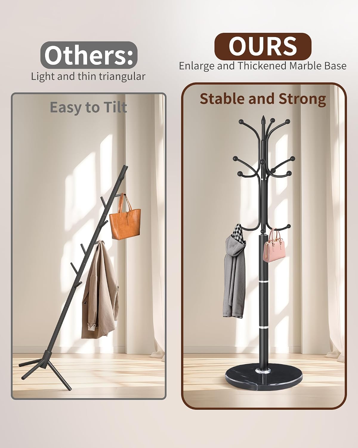 Snaikor Metal Coat Rack Freestanding, Sturdy Coat Rack Stand with Natural Marble Base, Modern Black Coat Racks Tree Hats Hanger Holder Stand for Entryway, Hallway, Office(12 Hooks)