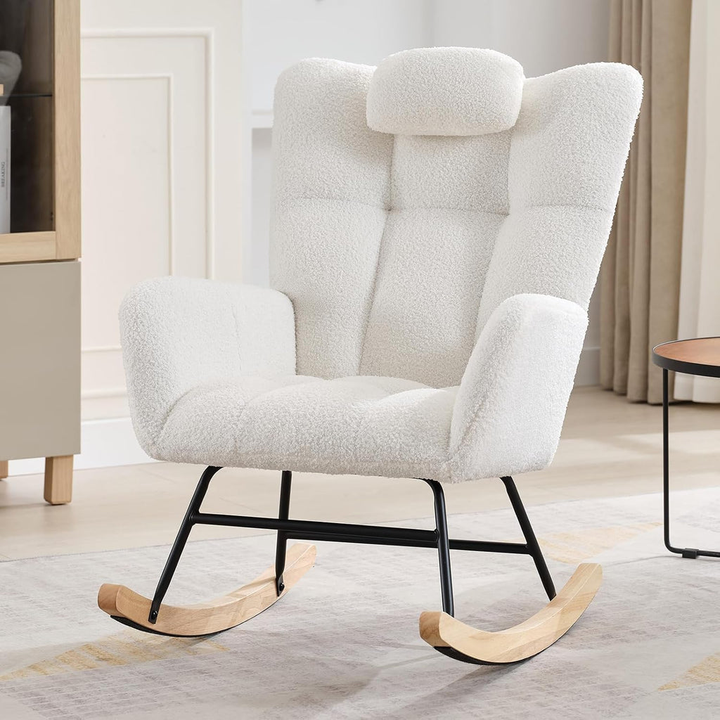 Nursery Rocking Chair with Pillow, 300Lb Glider Chair with Wood Legs/Two Side Pockets, Teddy Upholstered Glider Rocker with Padded Seat High Backrest for Nurser, Bedroom, Living Room, Beige