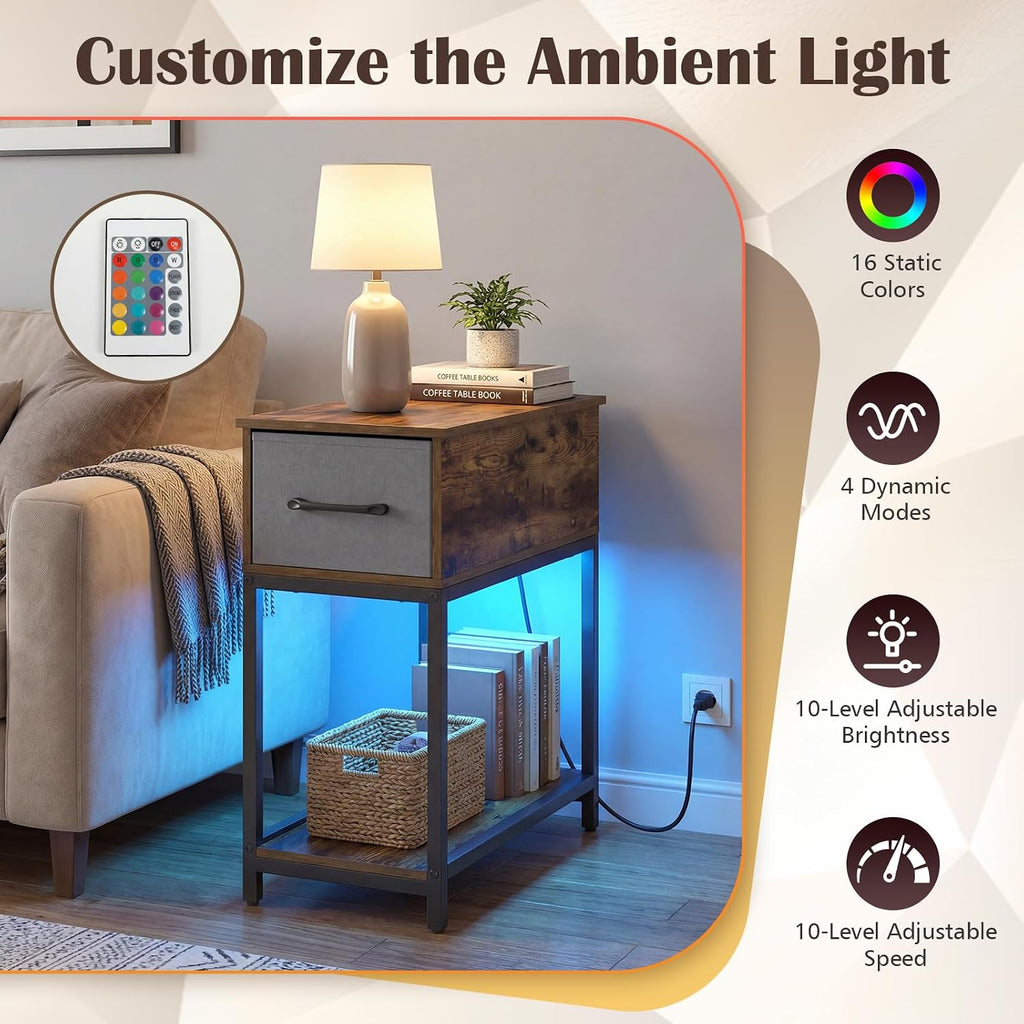 GOFLAME LED End Table with Hidden Charging Station, Narrow Compact Sofa Side Table with Storage Shelf & Fabric Drawer, Industrial Nightstand for Living Room, Bedroom, Rustic Brown (1)