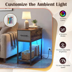 GOFLAME LED End Table with Hidden Charging Station, Narrow Compact Sofa Side Table with Storage Shelf & Fabric Drawer, Industrial Nightstand for Living Room, Bedroom, Rustic Brown (1)