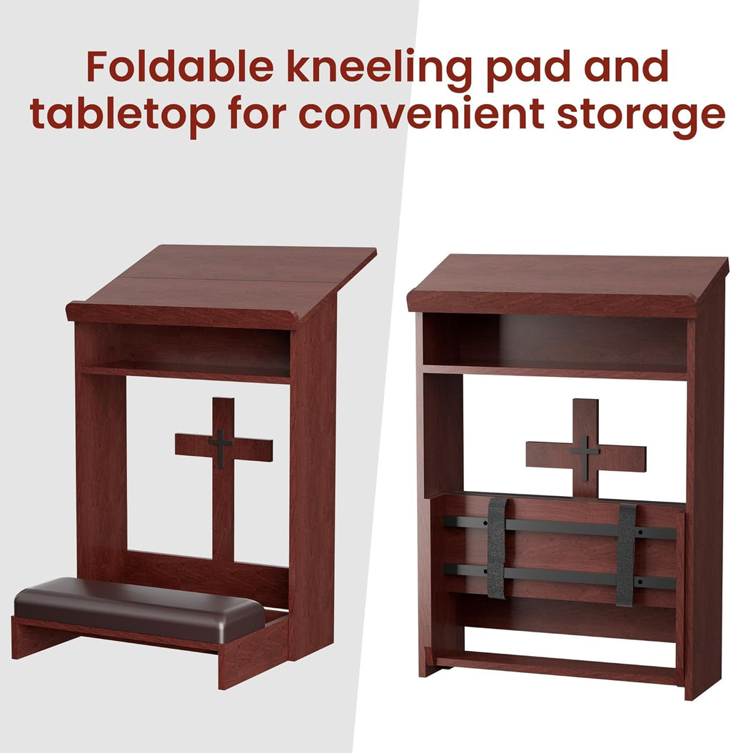 Foldable Prayer Kneeler, Wooden Prayer Bench with Storage Shelf, Cushion Pad, Rounded Corner Bookend and Customizable Cross Decoration, Reinforced Steel Tube Base Design (Mahogany)