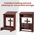 Foldable Prayer Kneeler, Wooden Prayer Bench with Storage Shelf, Cushion Pad, Rounded Corner Bookend and Customizable Cross Decoration, Reinforced Steel Tube Base Design (Mahogany)