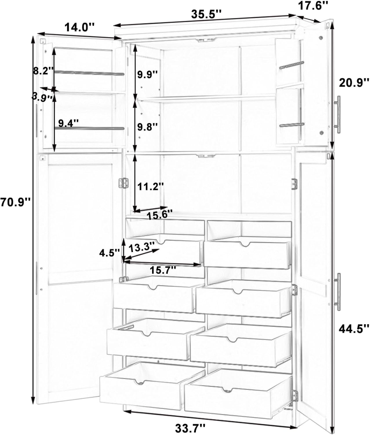 roomfitters 71 Inch Freestanding Kitchen Pantry with 8 Pull-Out Trays and Door Shelves, Shaker Cabinet, Blue