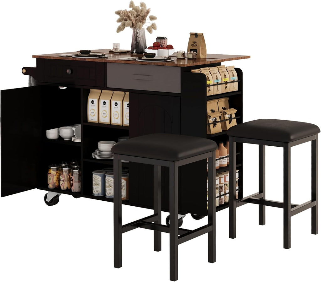 53" Length and 27.5" Width Rolling Kitchen Island with Storage, Portable Kitchen Island with Seating (Set of 2), Drop Leaf and 5 Wheels, Black