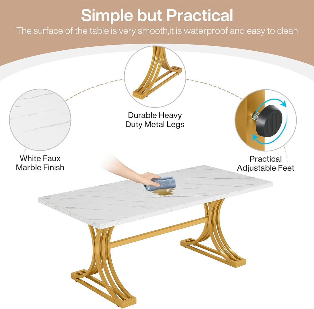 Tribesigns 63-Inch Rectangular Dining Table for 4 to 6, Modern Kitchen Table with Stylish Metal Legs, Large Dinner Tables for Dining Room, Only Table (Faux Marble White+Gold)