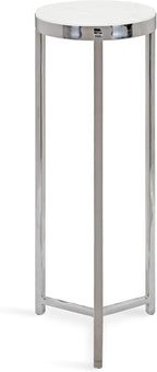 Kate and Laurel Aguilar Glam Round Drink Table, 8 x 8 x 23, Silver and White, Small Accent Table for Use as Plant Pedestal Stand with Marble Tabletop