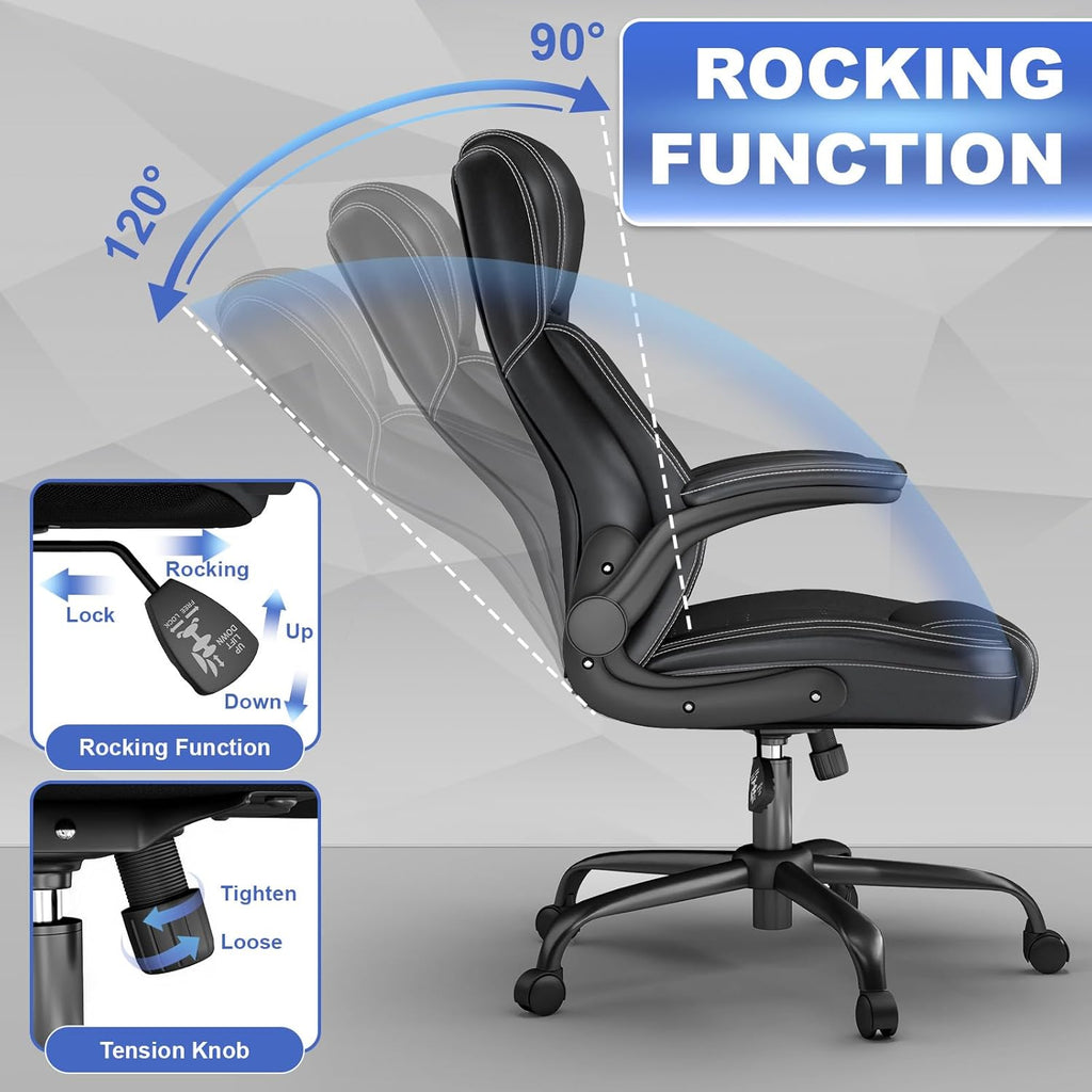 Executive Office Chair with Lumbar Support, High-Back Leather Ergonomic Computer Desk Chair with Flip-Up Arms, Height Adjustable and 360° Swivel, Rocking Function, for Home and Office, Black