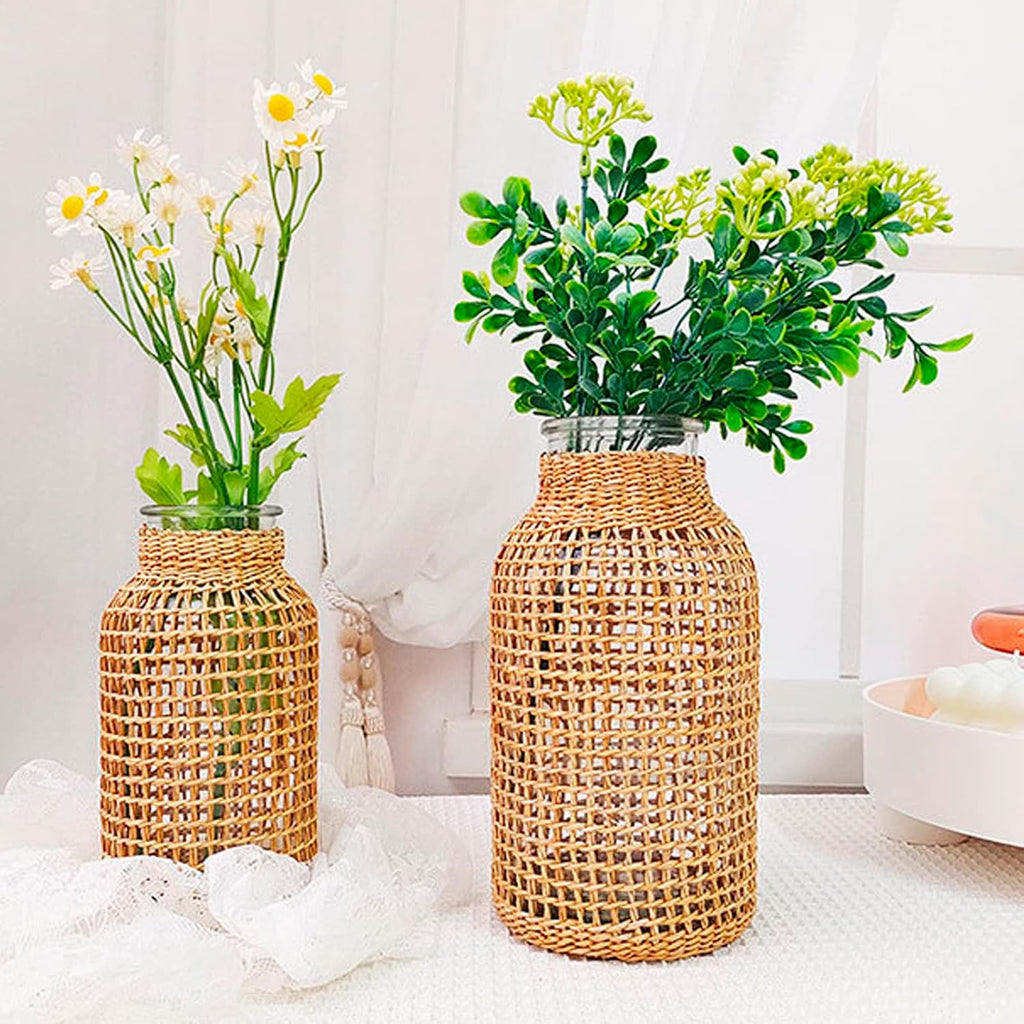 MDEOOSKY Straw Woven Glass Vase 7.87''x1.96''x4.13''Boho Glass Flower Vase Country Rustic Style Vase Glass Vase for Floral Arrangements Bottle Height (B Style 7.87IN)
