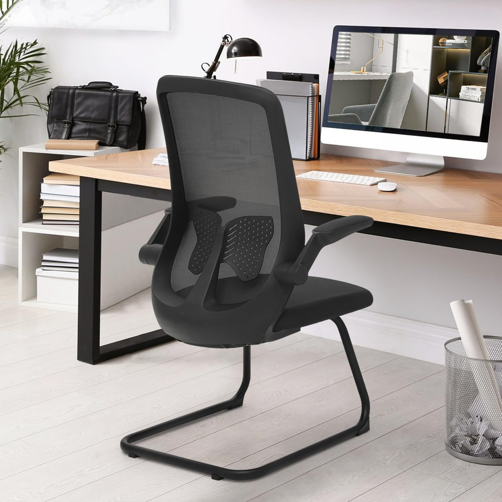 MoNiBloom Office Guest Chair Without Wheels, Executive Reception Chair with Lumbar Support and Sled Base, Mid-Back Mesh Task Chair with Flip-Up Arms for Reception Conference Wait Room, 250 LBS, Black
