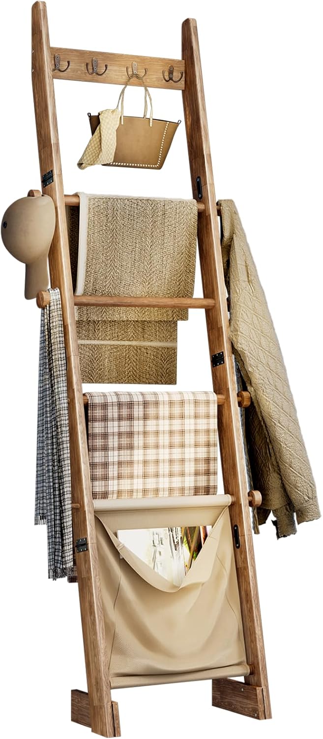 REFGY 5-Tier Blanket Ladder Shelf, 5.3FT (63'') Wall Leaning Blanket Ladders for Living Room Bedroom, Decorative Quilt Rack with 4 Metal Hooks, Rustic Farmhouse Decorative Ladder for Blankets, Brown