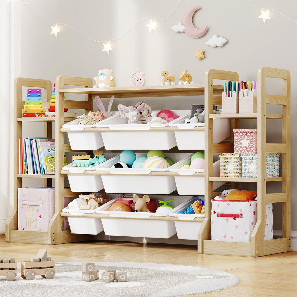 Kids Toy Storage Organizer with Bookshelf, Wooden Toy Shelf with 6 Open Shelves and 9 Removable Bins, Extended Base Sturdy Storage Cabinet for Playroom, Kids Room, Nursery Organization