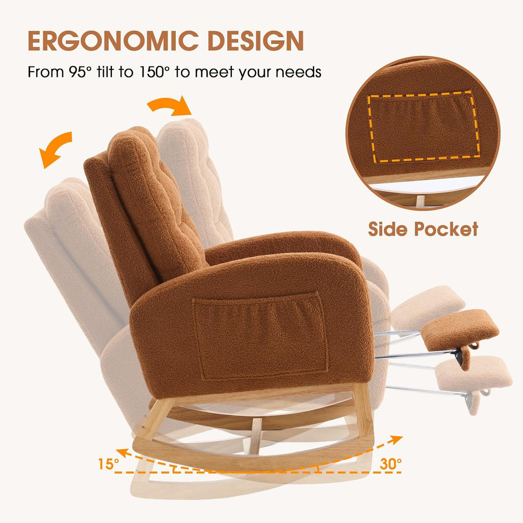 NIOIIKIT Modern Nursery Rocking Chair with Footrest, Teddy Upholstered Recliner Glider Chair with Diamond Shape Back, Tufted Rocking Chair with Side Pocket, Cozy Rocker Reading Chair (Brown)