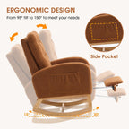 NIOIIKIT Modern Nursery Rocking Chair with Footrest, Teddy Upholstered Recliner Glider Chair with Diamond Shape Back, Tufted Rocking Chair with Side Pocket, Cozy Rocker Reading Chair (Brown)