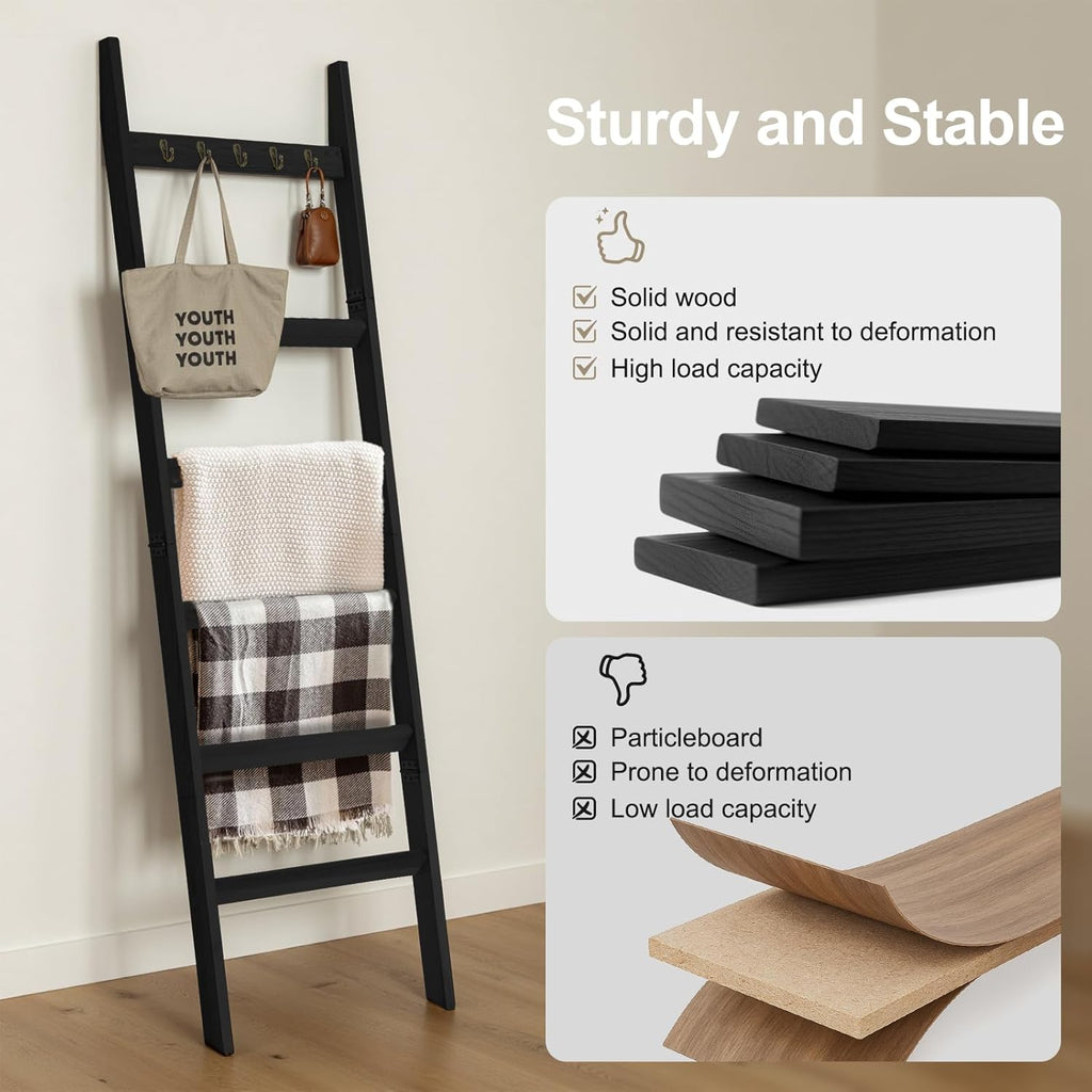 TEAKMAMA 6-Tier Blanket Ladder for Living Room and Bedroom,5.4 Ft Wall Leaning Quilt Rack with Hooks,Rustic Decorative Farmhouse Blanket Storage,Stylish Ladder Holder,Christmas Decorations,Black