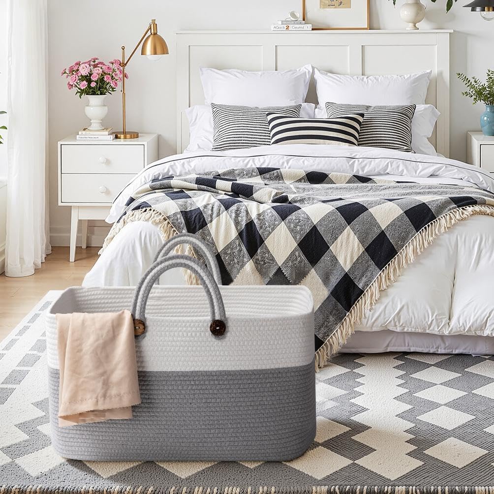 OIAHOMY 75L Large Blanket Basket, 22”x17”x12” Rectangle Woven Baskets For Storage, Nursery Blanket Storage Living Room, Toy Box With Long Handle-Gradient Grey With White