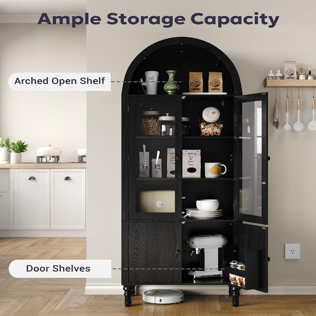 Furnify 71" Tall Arched Pantry Cabinet, Modern Kitchen Storage Cabinet with Doors, 3 Adjustable Shelves, Door Shelves, Organizer, Versatile Cupboard for Kitchen, Bathroom, Black