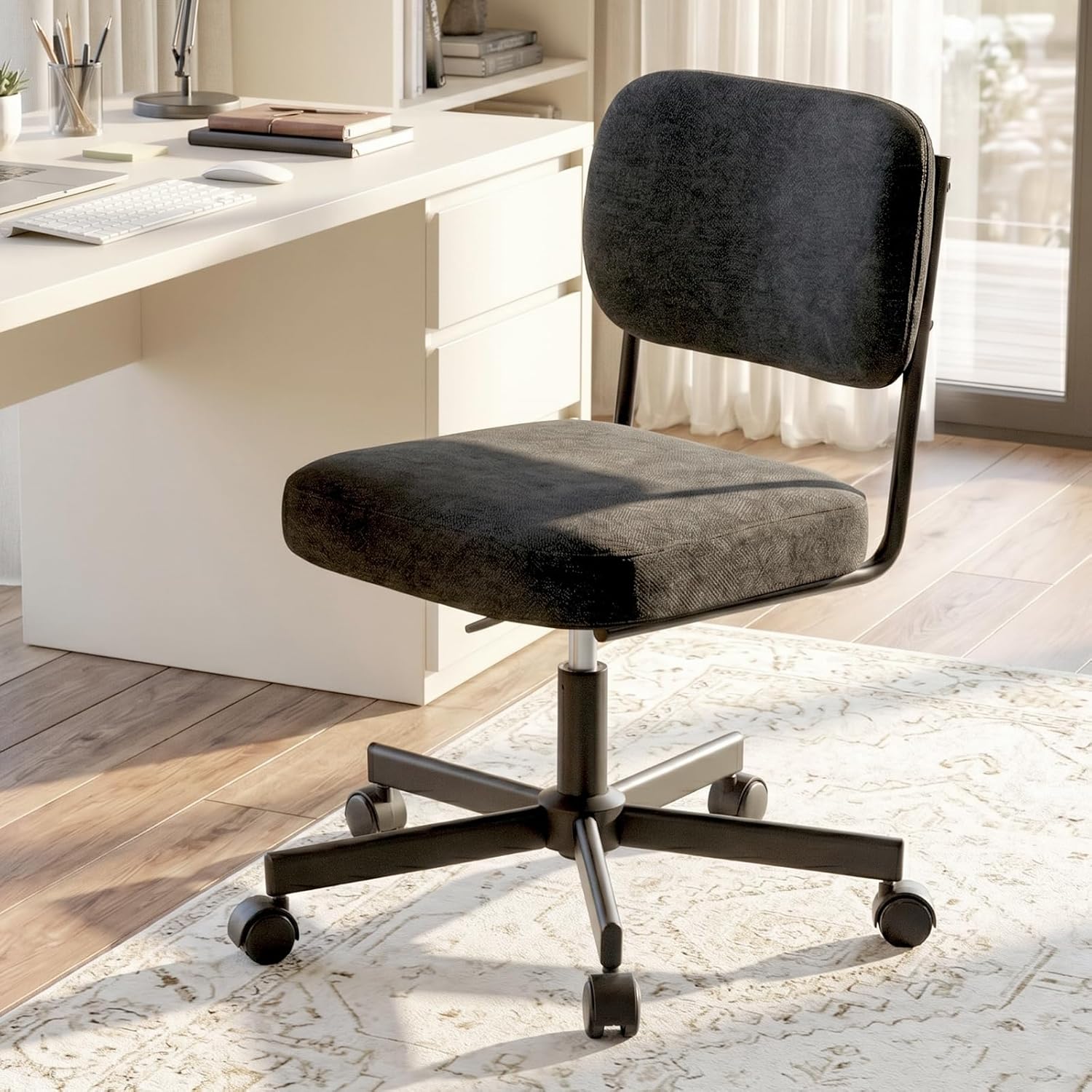 Vanity Chair with Wheels, Cute Armless Desk Chair with Back, Height Adjustable Swivel Small Office Chair, Comfy Fabric Computer Task Chair for Bedroom, Study, Dressing Room Black