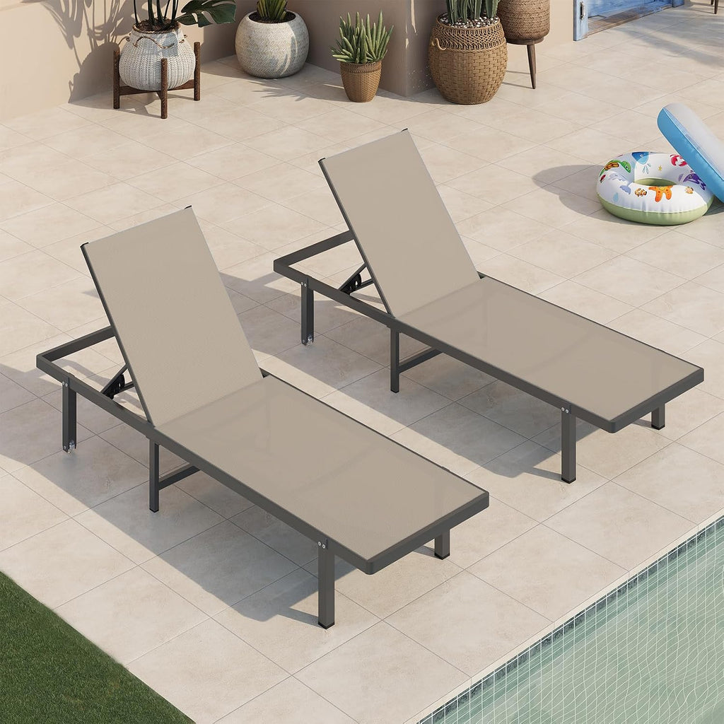 Lounge Chair Outdoor with Wheels, Aluminum Chaise Lounge Outdoor Chair with 5 Adjustable Backrest - Easy to Move- Pool Lounge Chairs for Patio, Poolside (Khaki)