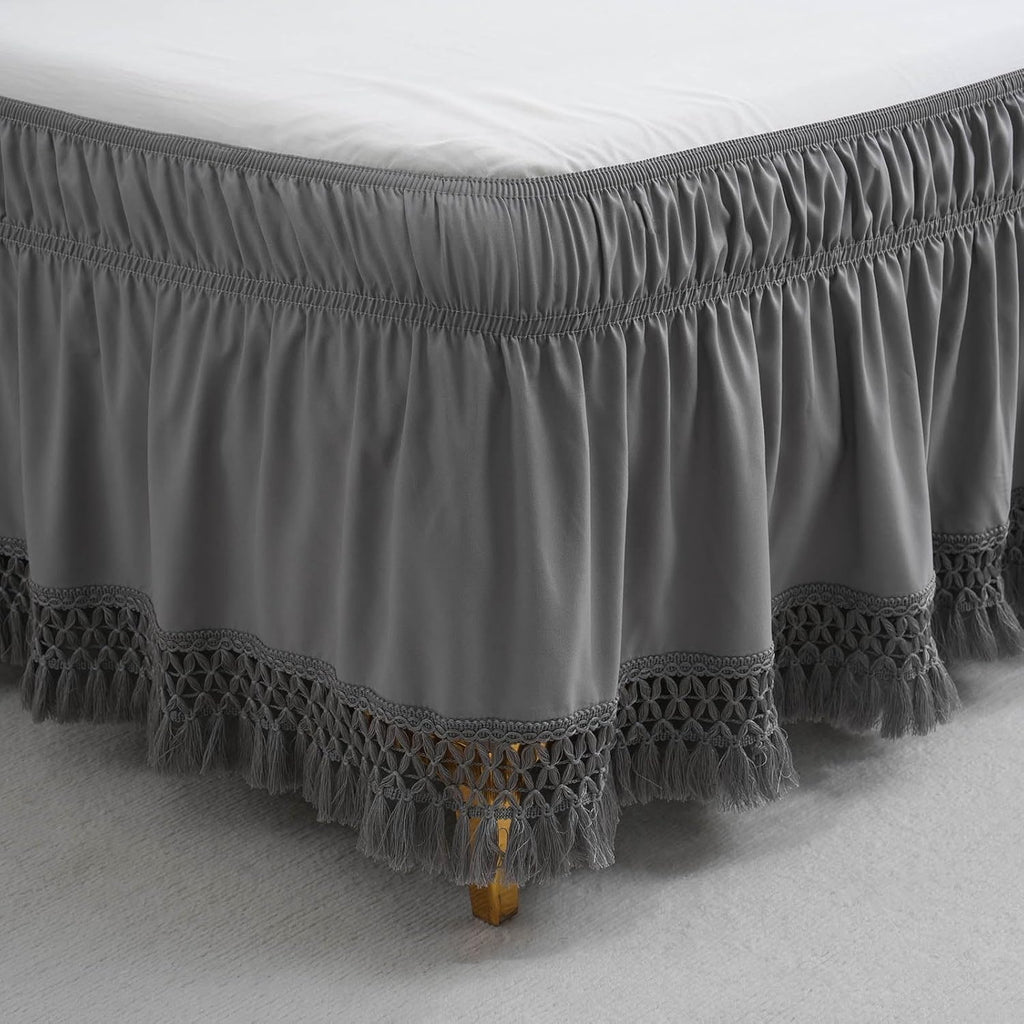 Boho Bed Skirt with 16 Inch Drop, Wrap Around Tassel Bed Skirt, Elastic Dust Ruffle with Adjustable Belts, Easy to Put On, Bed Frame Cover, Machine Washable (Gray,Queen 60"x80")