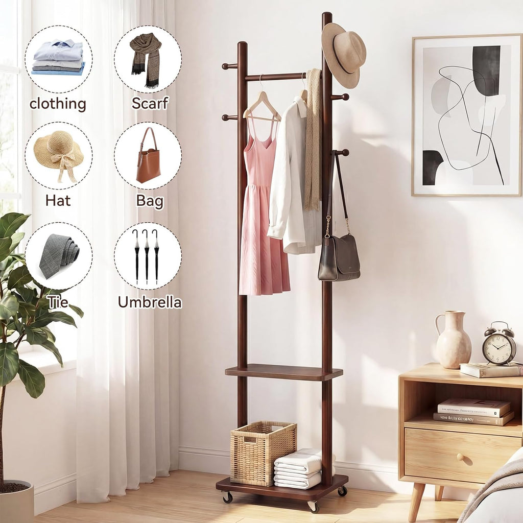 Coat Rack Freestanding, Solid Wood Coat Rack Stand, Clothing Rack with Wheels & 2 Shelves Storage & 5 Hooks, Heavy Duty Clothes Rack, Wood Coat Tree Stand Hat Hanger Rack for Bedroom Entryway Office