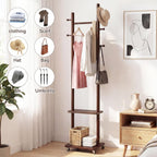 Coat Rack Freestanding, Solid Wood Coat Rack Stand, Clothing Rack with Wheels & 2 Shelves Storage & 5 Hooks, Heavy Duty Clothes Rack, Wood Coat Tree Stand Hat Hanger Rack for Bedroom Entryway Office