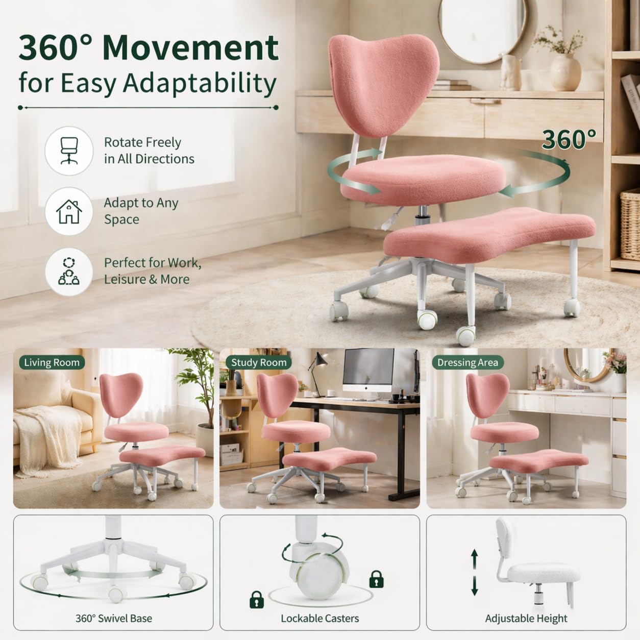 Cross Legged Office Chair, Velvet Ergonomic Criss Cross Chair with Wheels with Adjustable Height and Back Support for Yoga & ADHD, Wide Kneeling Chair, Home and Office,Yoga Chair, Pink