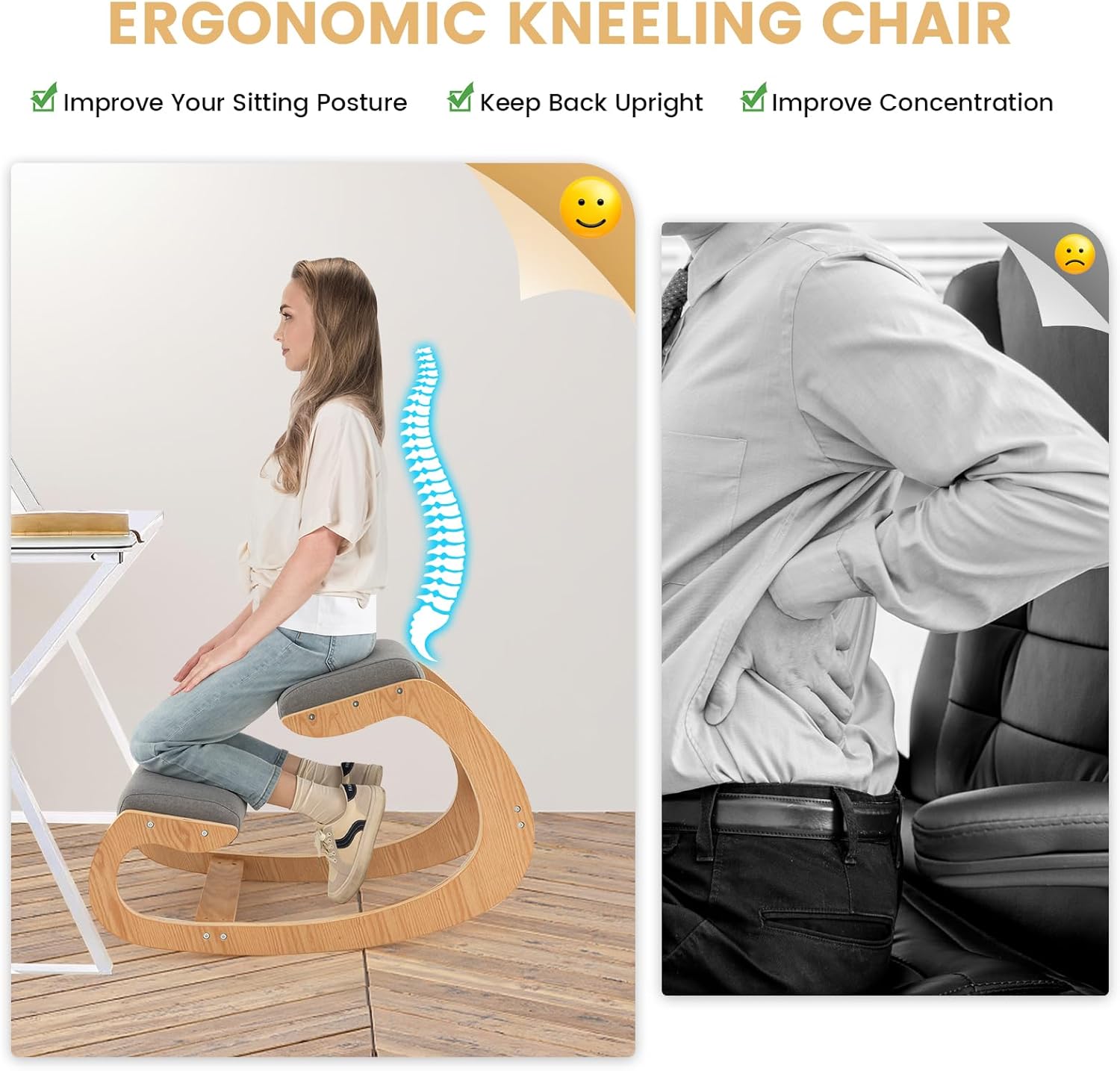 Giantex Ergonomic Kneeling Desk Chair, Rocking Knee Chair with Cushion & Solid Wood Frame, Natural Relief for Neck or Back Pain, Posture Chair for Desk, Home, Office, Max Load 330 Lbs (Grey)
