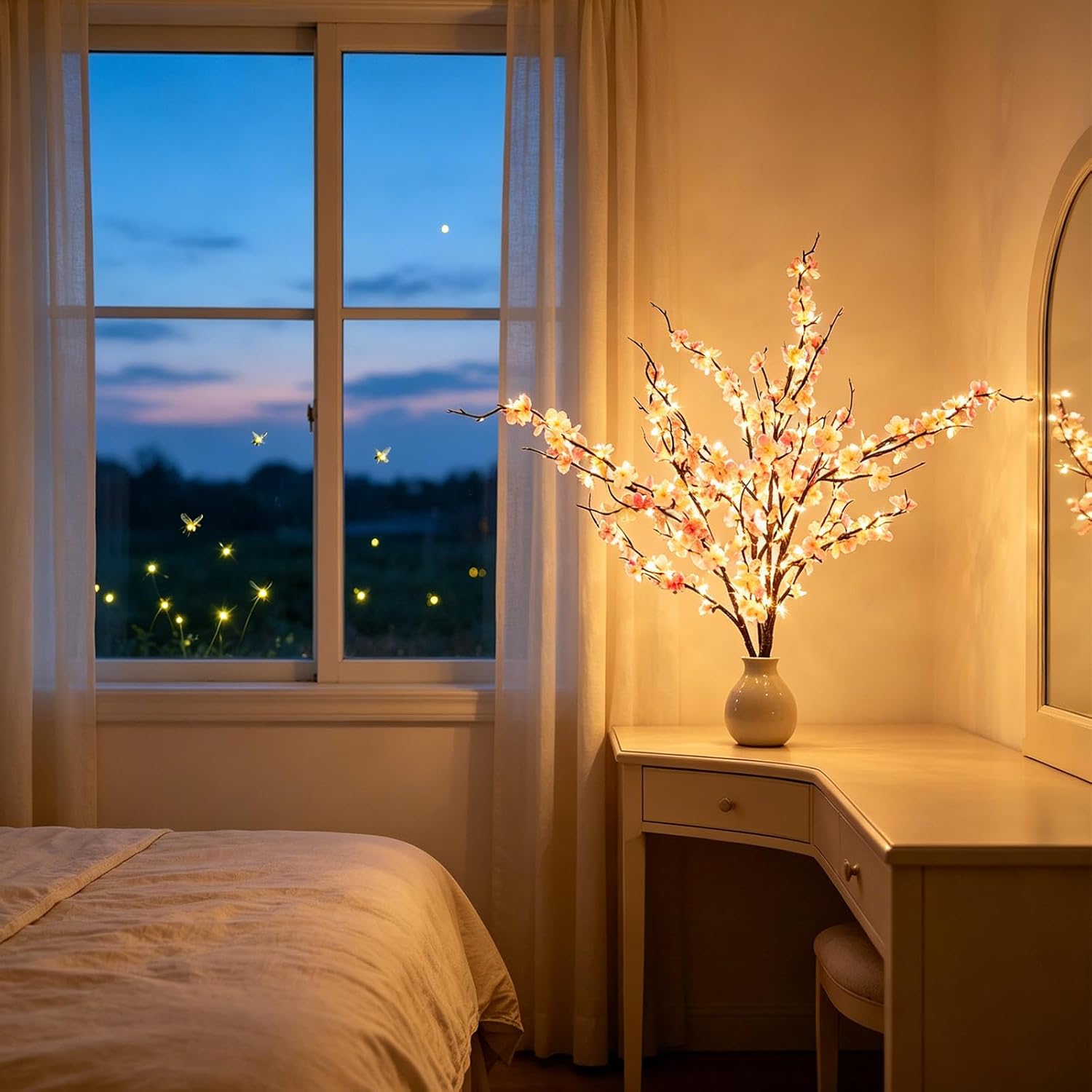 GOESWELL Cherry Blossom Lights for Vases: Fairy Style 4PCS 24in Artificial Cherry Blossom Flowers with 108 LED Lights Operated Lighted Twig Branches for Vases Wedding Party Home Indoor Decor