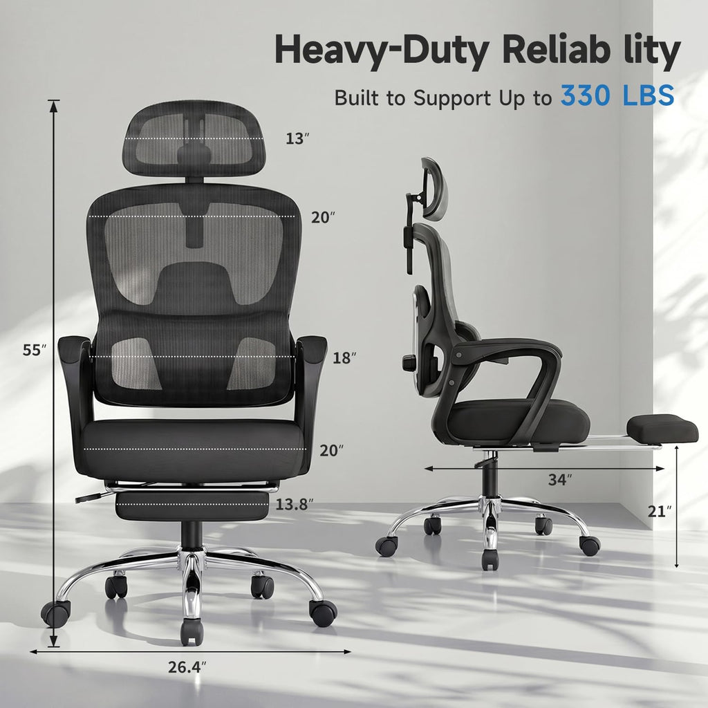 Ergonomic Office Chair with Footrest, 90-145° Reclining Gaming Chair with Adjustable Lumbar Support & Headrest, High Back Mesh Computer Chair for Home Office, 350lbs Capacity
