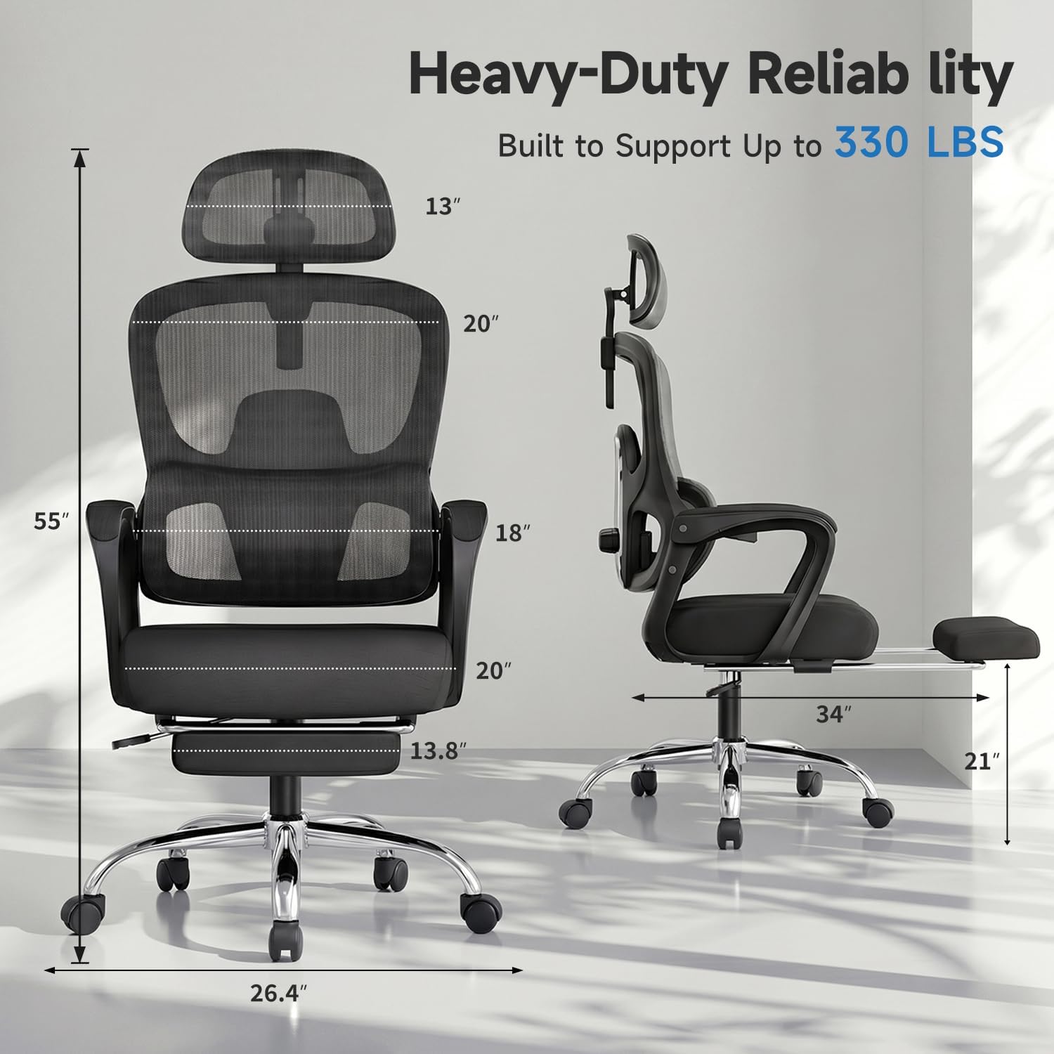 Ergonomic Office Chair with Footrest, 90-145° Reclining Gaming Chair with Adjustable Lumbar Support & Headrest, High Back Mesh Computer Chair for Home Office, 350lbs Capacity