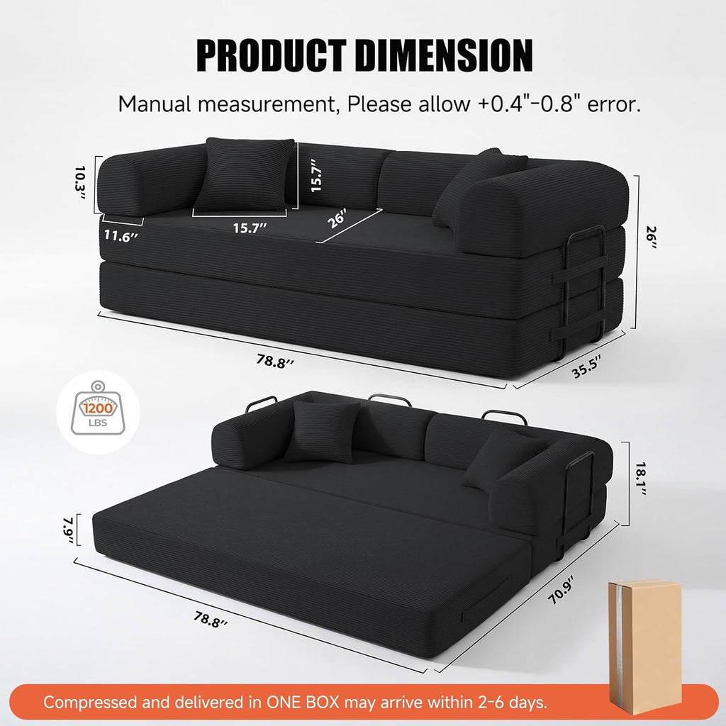 79" Compressed Sofa, Convertible Sofa Bed, Corduroy Compression Boneless Couch with Pillow, Comfy Modular Foldable Floor Sleeper Sofa for Bedroom, Living Room, Lounge, Studio (Black)