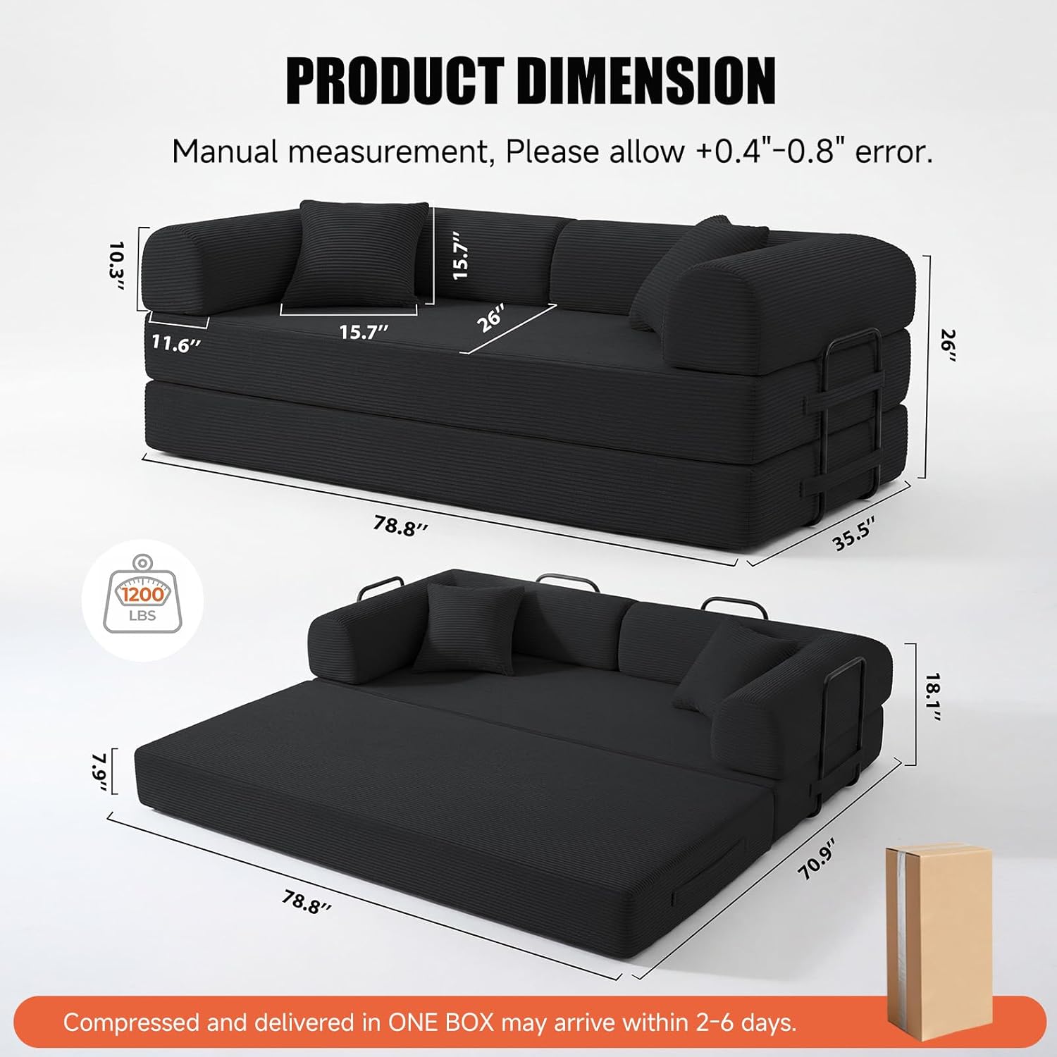 79" Compressed Sofa, Convertible Sofa Bed, Corduroy Compression Boneless Couch with Pillow, Comfy Modular Foldable Floor Sleeper Sofa for Bedroom, Living Room, Lounge, Studio (Black)