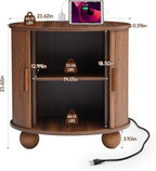 24" End Table with Charging Station, Farmhouse Round Fluted Wood Night Stand, Mid-Century Large Side Table with Storage & Sliding Door for Living Room, Bedroom (Round, Walnut)