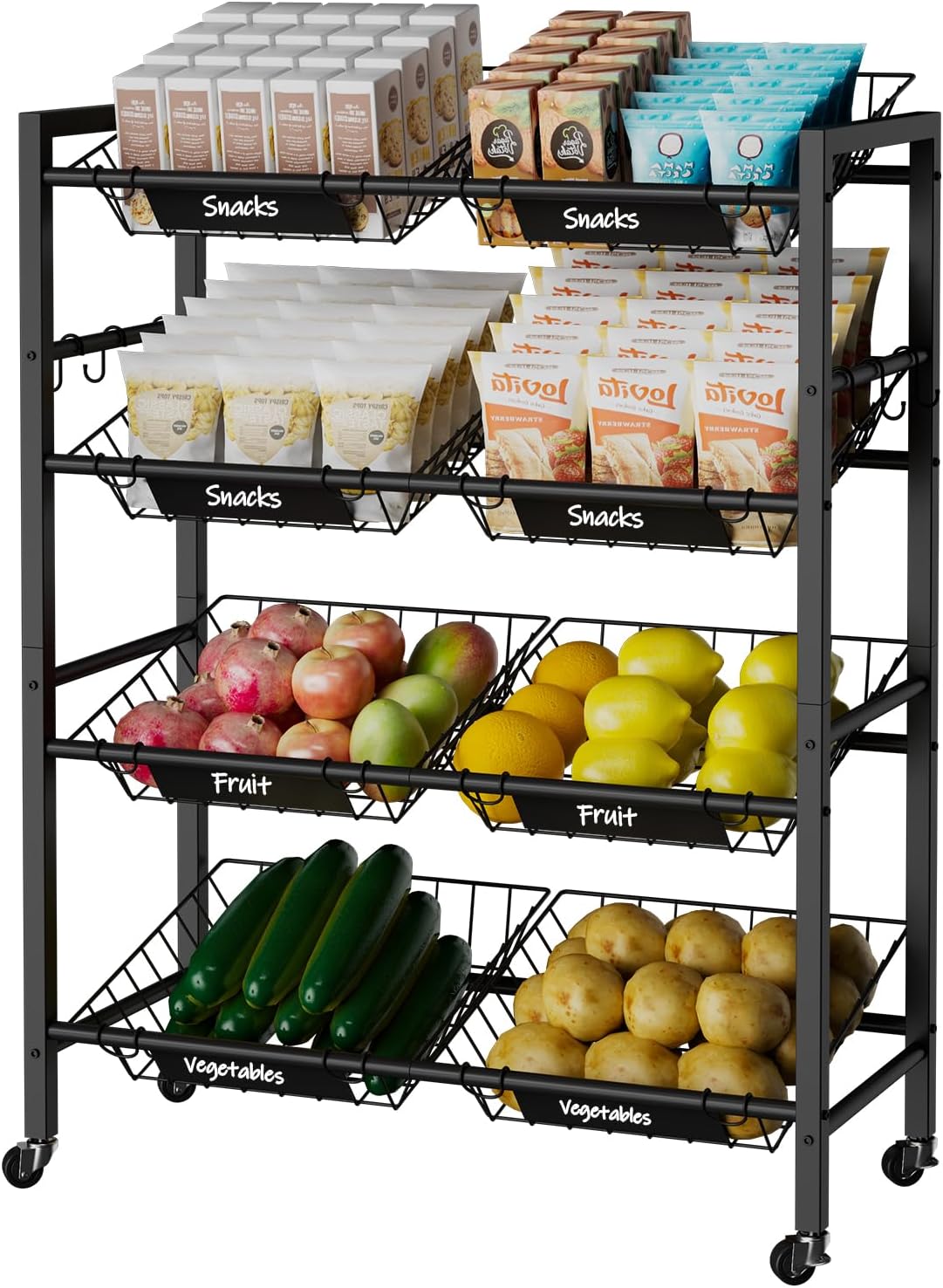 IBUYKE Kitchen Fruit Vegetable Storage Cart,Utility Cart,Black,TLJ025B | 25.2" W Metal Rolling Snack Cart with 8 Removable Basket,Pantry Cart with Wheels for Veggie Onion Potato Bin