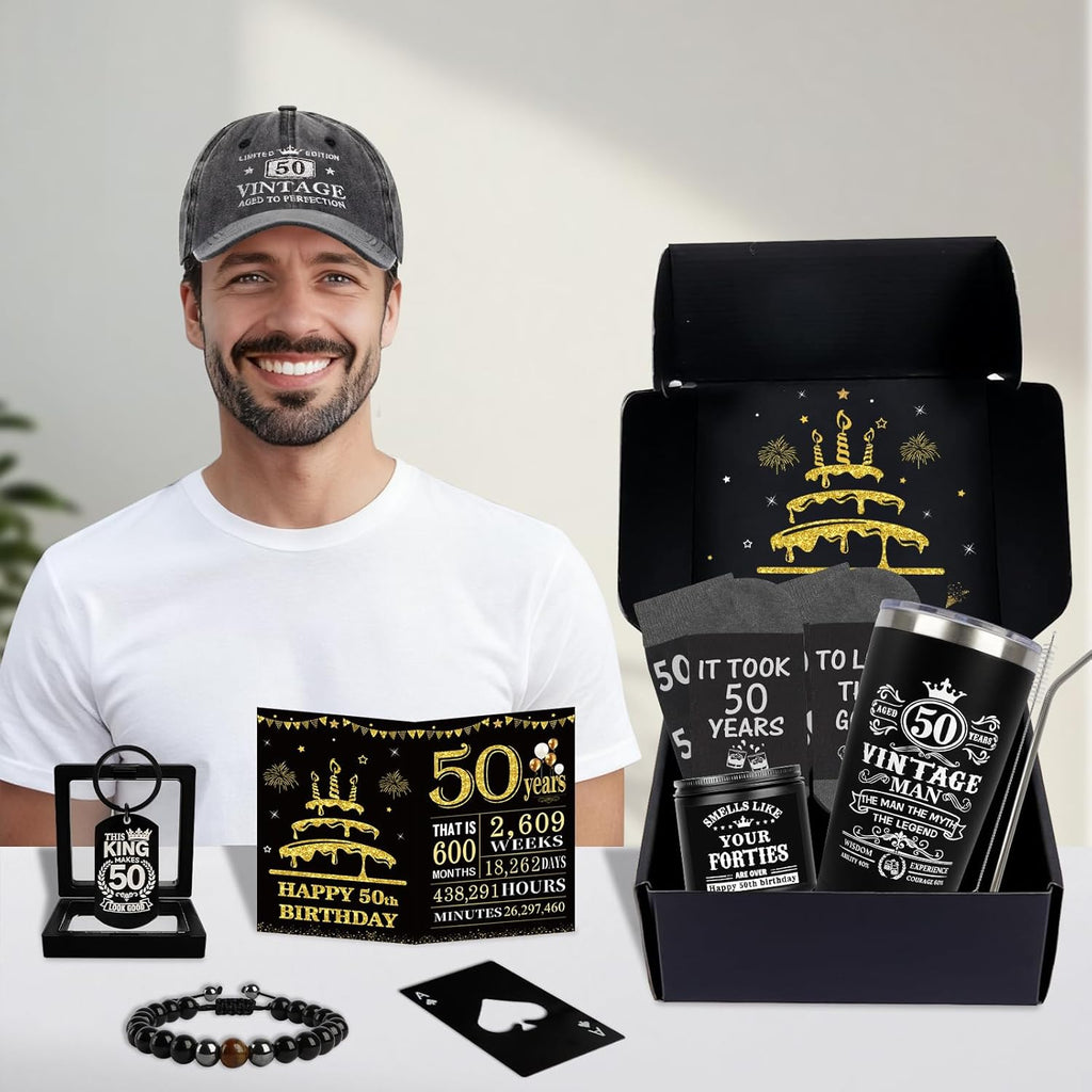 50th Birthday Gifts for Men - Unique Birthday Box with 20 Oz Tumbler, Baseball Cap, Socks, Bracelets, Scented Candle, Happy 50th Birthday Decorations for Husband, Dad, Grandpa, Friends, Boss