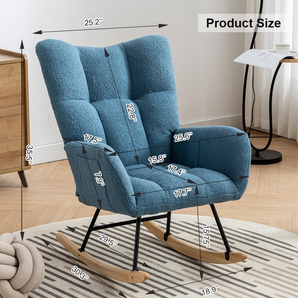 Rocking Chair Nursery, Teddy Upholstered Glider Rocker with High Backrest, Reading Chair Modern Rocking Accent Chairs Glider Recliner for Living Room, Nursery, Bedroom,Blue, W1372120796