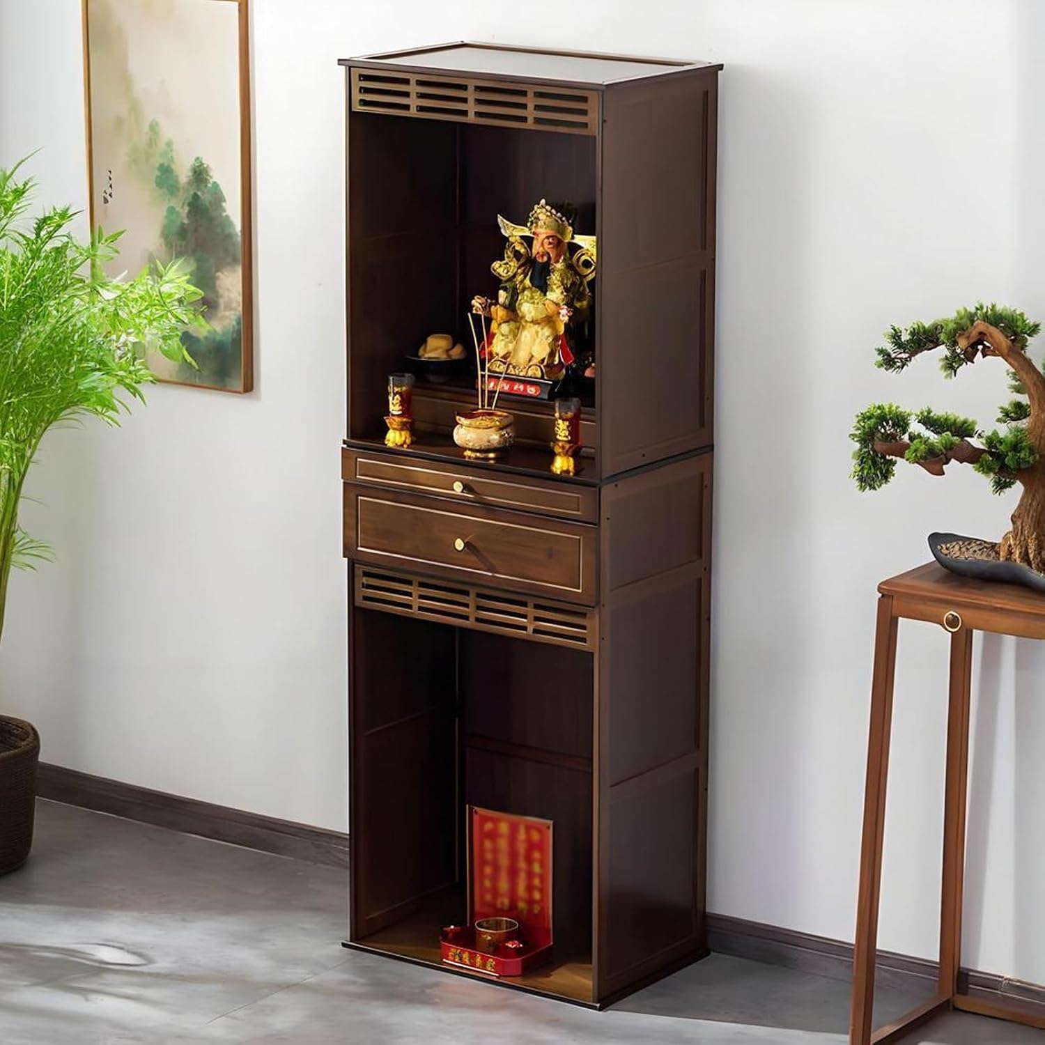 Altar Table, Freestanding Bamboo Storage Cabinet with Drawers, Floor-Standing Wooden Display Table with Shelves, for Living Rooms, Shrines, Temples(Brown,38 * 37 * 172cm/15 * 14.6 * 67.7in)
