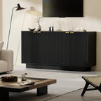 63'' Large Fluted Sideboard Buffet Cabinet, Modern Storage Cabinet with Adjustable Shelf, Console Table Wine Bar Accent Credenza with 4 Doors for Dining Room, Living Room, Hallway(Black)